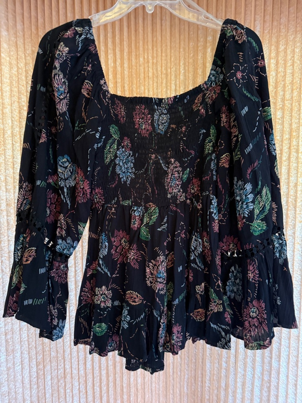 Angie Smocked Peasant Blouse - Black Floral